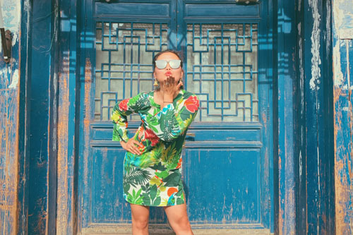 Old Beijing Hutong Photo Walk Blue Door Green Dress