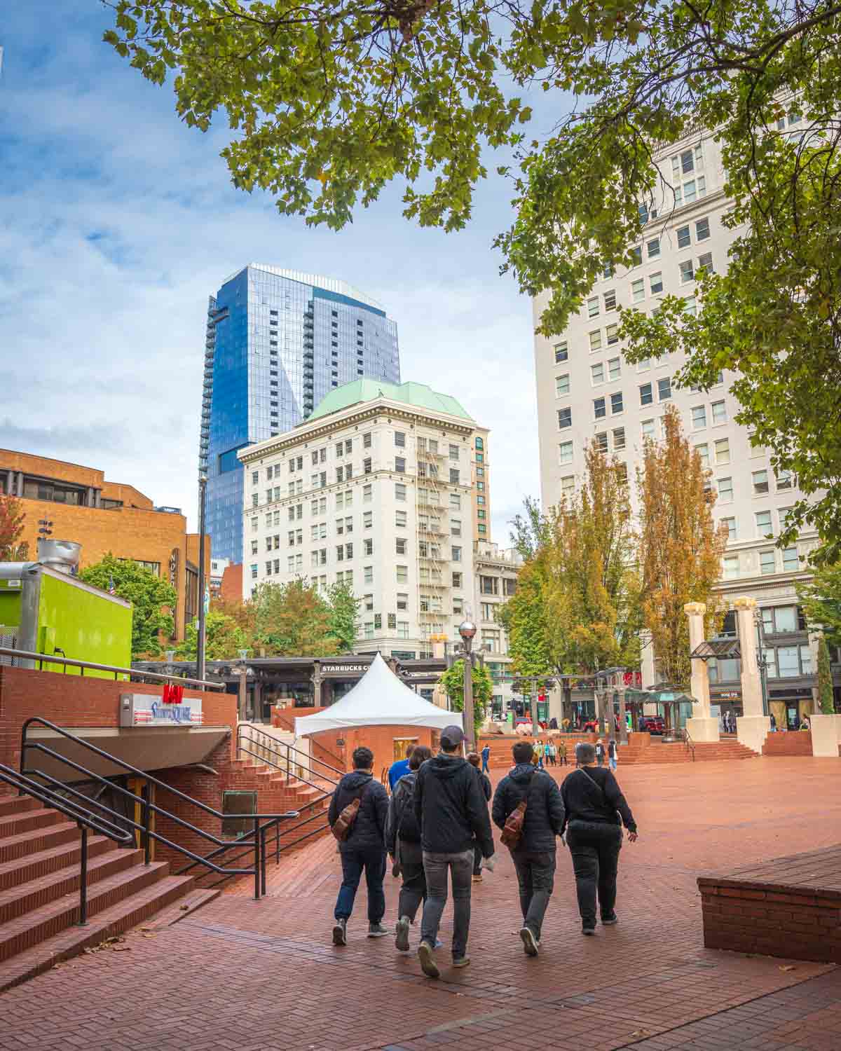 Group walking through Pioneer Courthouse Square