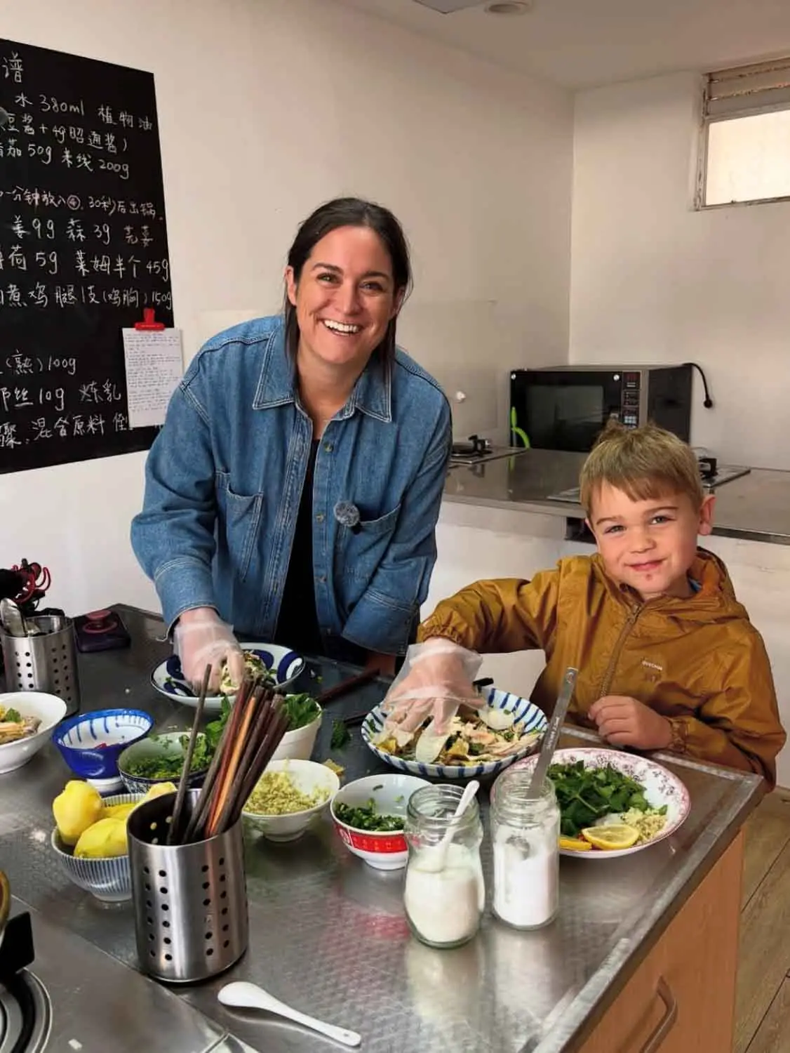 Mother and son in a cooking class
