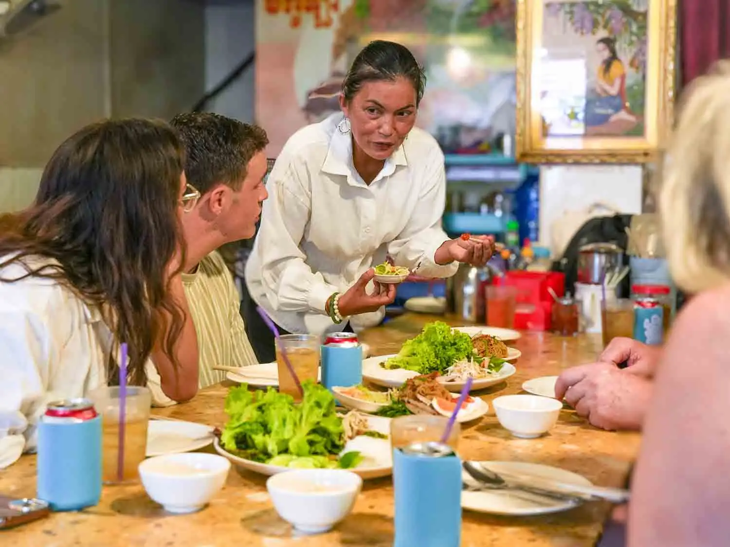Travelers eating at a restaurant