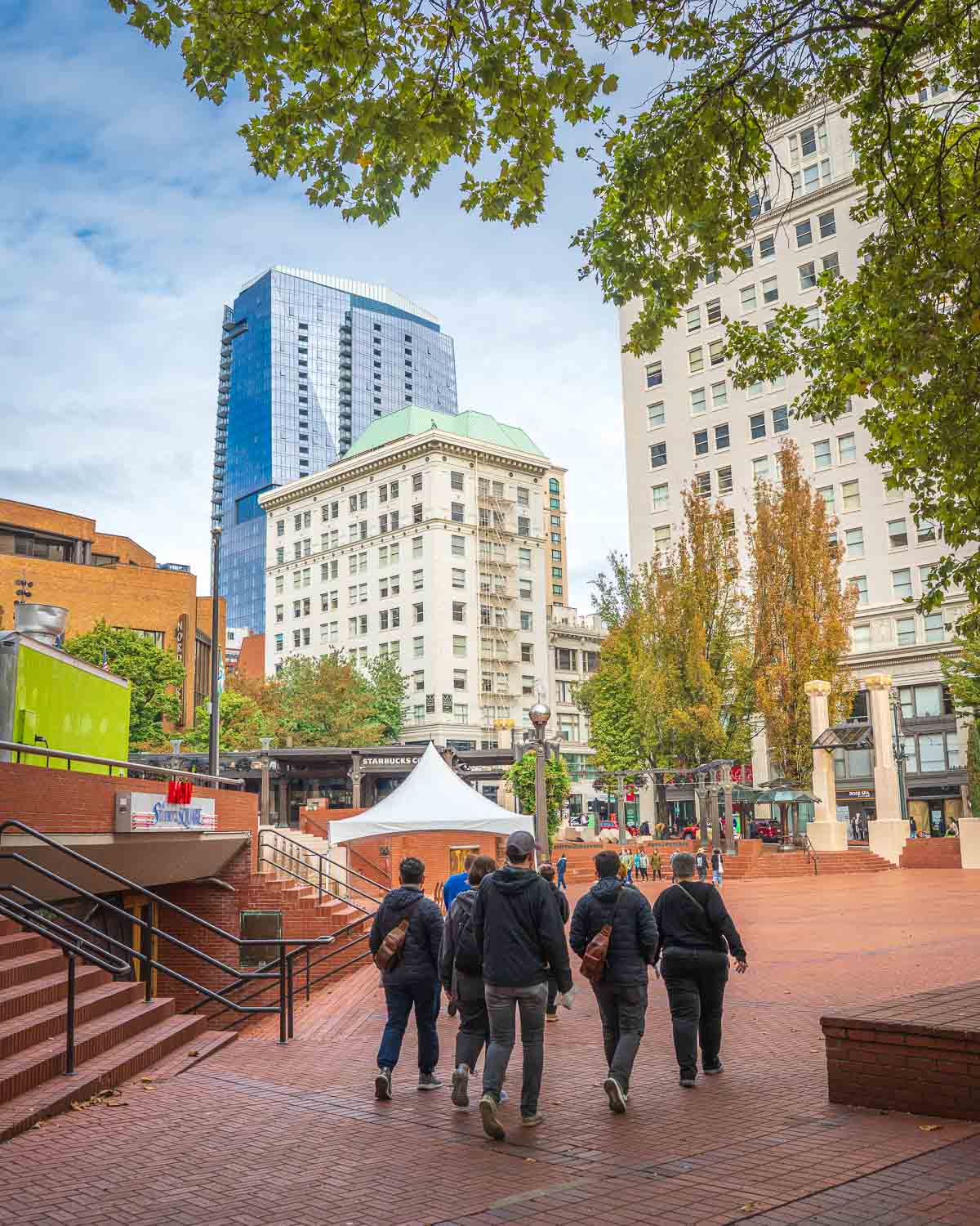 Group walking through Pioneer Courthouse Square