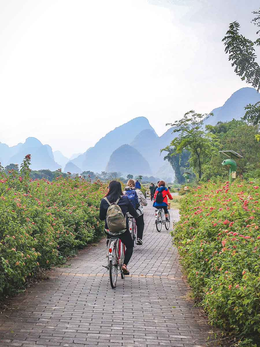 Cycling through Yangshuo's mountains