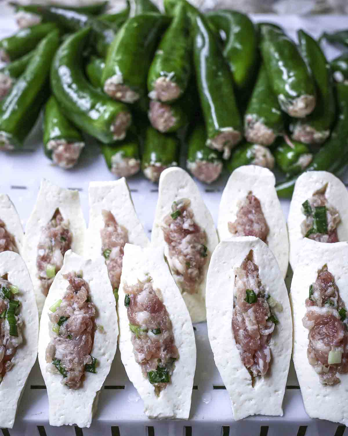 Stuffed tofu and chilis