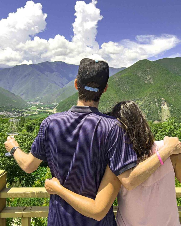 Couple enjoying views with wine