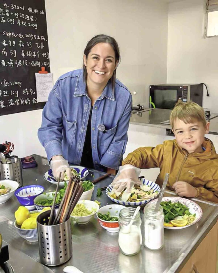 Mother and son in the cooking class