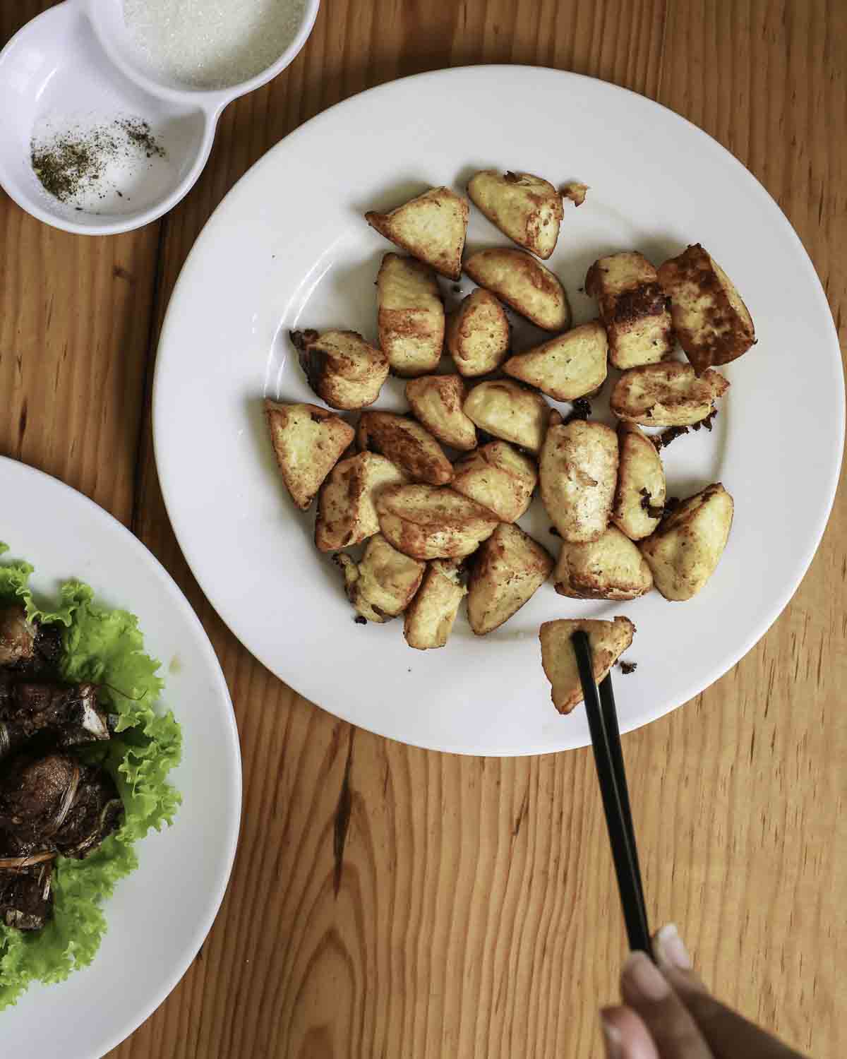 Eating fried cheese at dinner