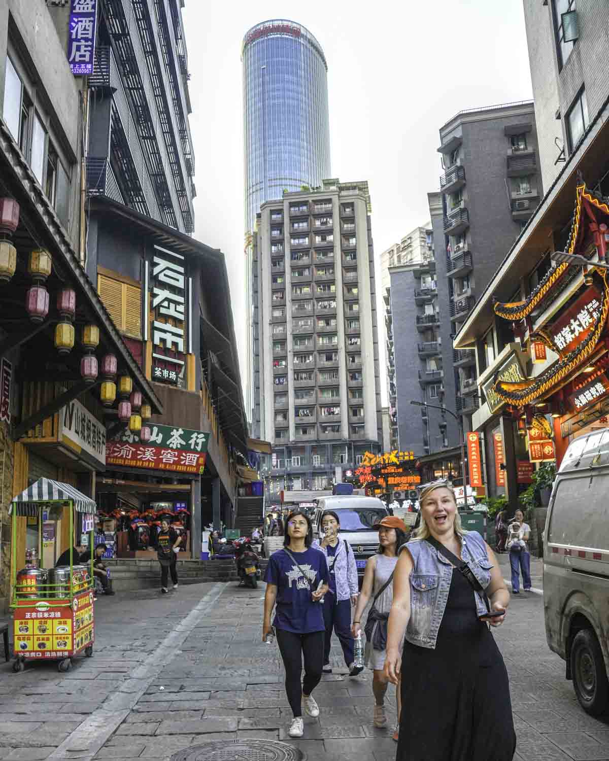 Guests walking under skyline