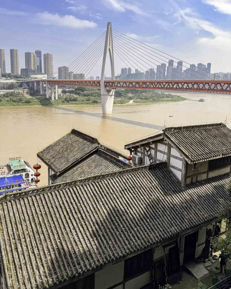 Local buildings with bridge backdrop