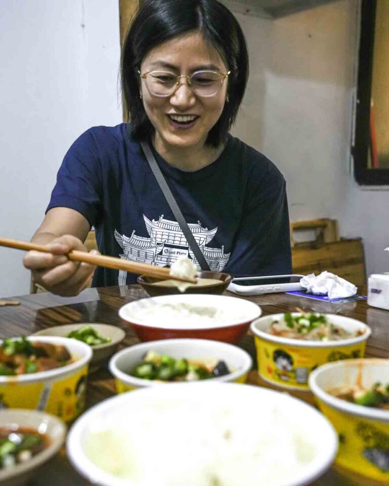 Eating tofu and dishes