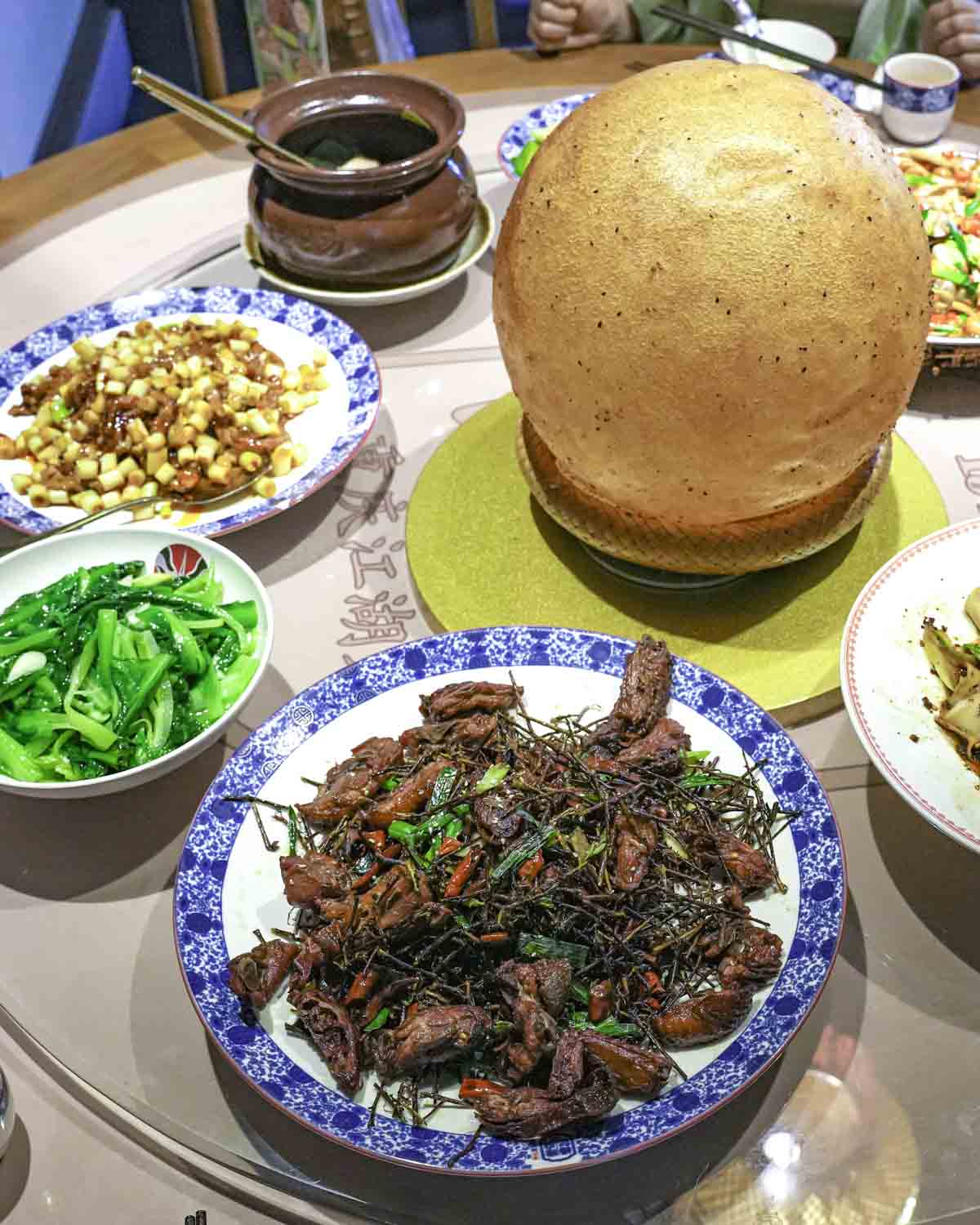 Table full of lunch dishes